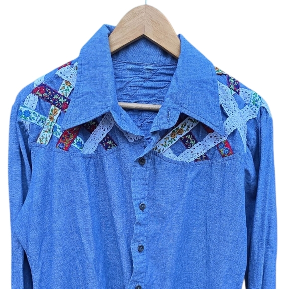 Vintage Blue Handmade Patchwork Buttondown Longsleeve Shirt - Picture 7 of 13